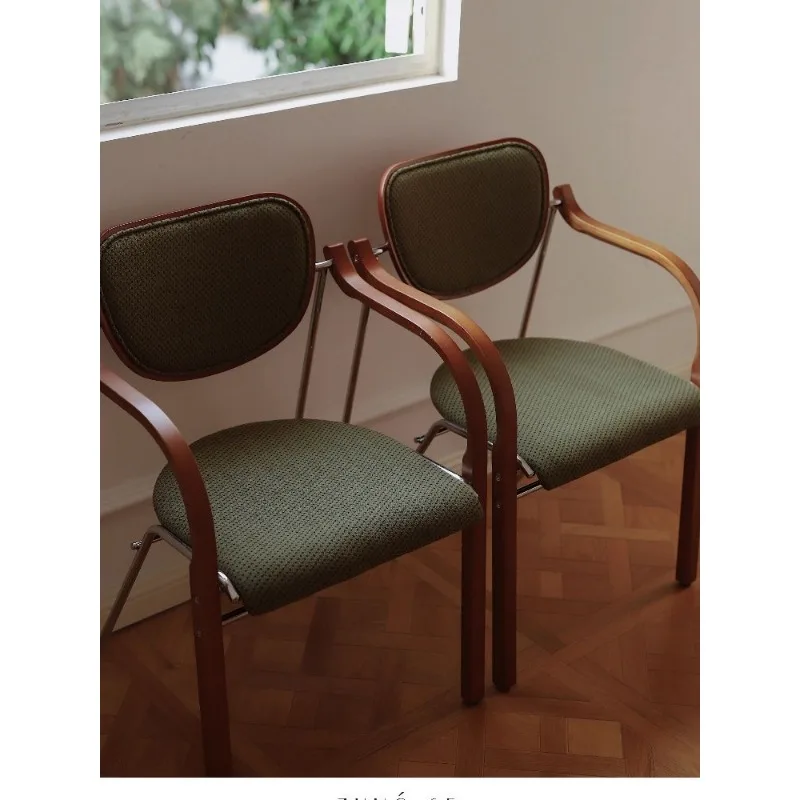 French Retro Dining Chair Solid Wood Armchair Stainless Steel Leg Soft Backrest Vintage Chair for Living Room Restaurant