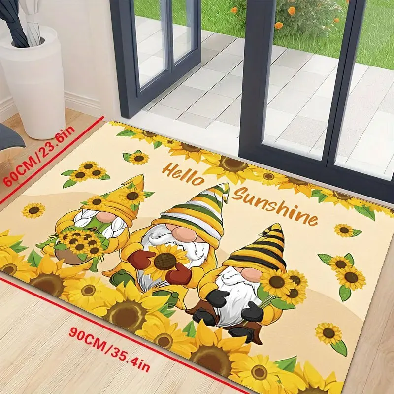 Cute Sunflower Gnome Welcome Mat Polyester Doormat Entryway Hallway Decoration Indoor Outdoor Spring Sunshine Greeting Mat Yello