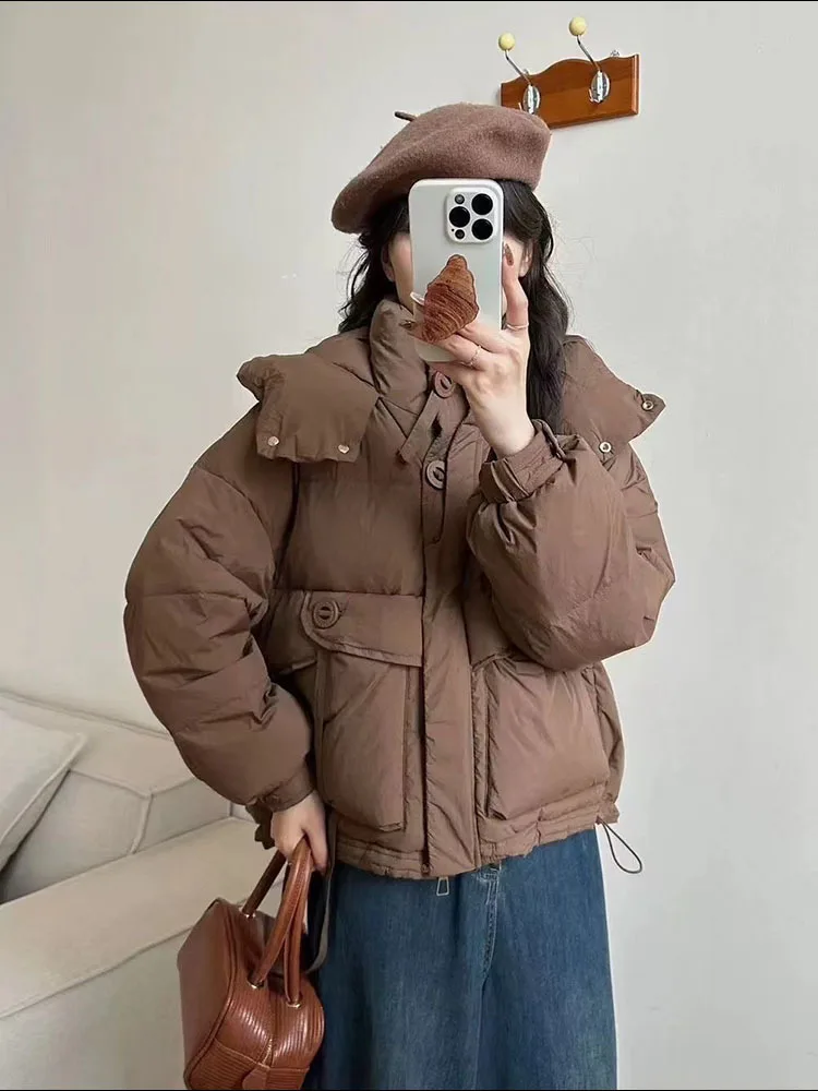 2024 Winter Nieuwe Capuchon Diamanten Pufferjas Outwear Mode 90 Witte Eendendons Korte Jas Vrouwen Dikke Warme Losse Cocon Type