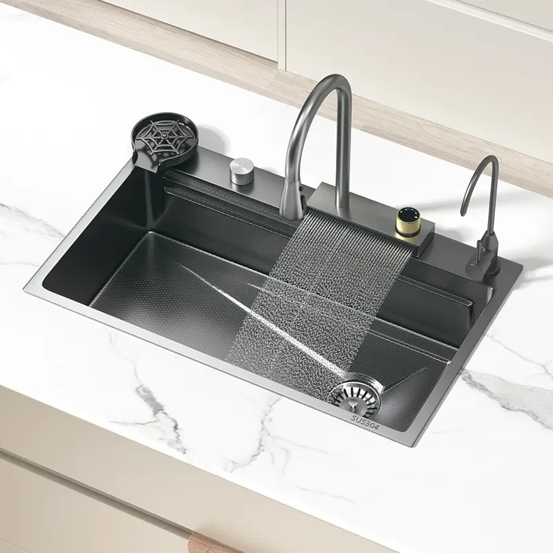 for Household Kitchen Vegetable Basin Large Single Slot 304 Stainless Steel Sink Multi-functional Rain Waterfall Table