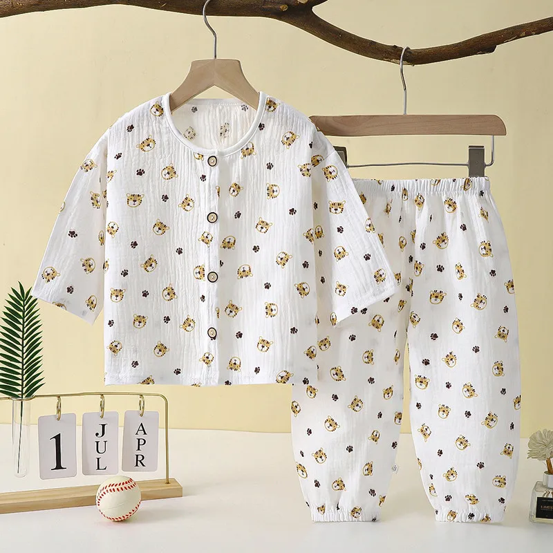 Boys Girls Outfit Clothes Baby Three-Quarter Sleeves Homewear Set Muslin Cotton Pajama Kids Suit Shirt Tops+Pants 2PC 0-12 Years