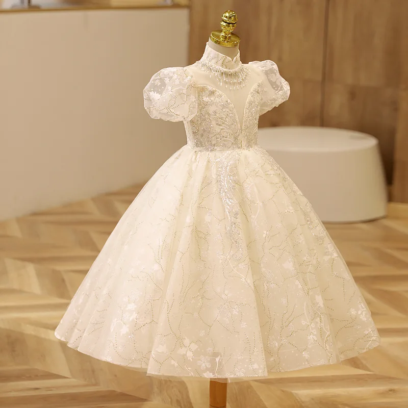 Baby Girls Princess White Sequins Beading Ball Gown Party Dress Brithday Wedding Dresses Children Clothing