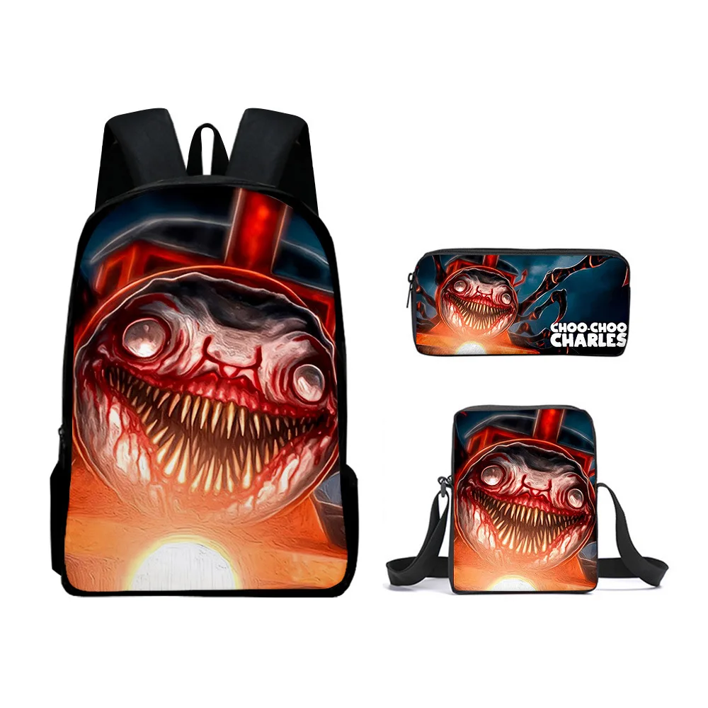 Choo-Choo Charles Backpack 3 Pieces Sets Unisex Rucksack Shoulder Bags Pencil Bag