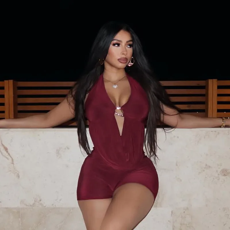

Women Solid Drape Patchwork Skinny Playsuits Sexy Metal Buckle Deep V Neck Halter Backless Slim Night Clubwear Rompers Overalls