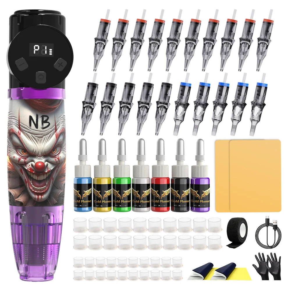 Wireless Rotary Tattoo Pen Kit LCD Display Rechargeable Machine with Tattoo Inks Cartridge Needles for Beginners