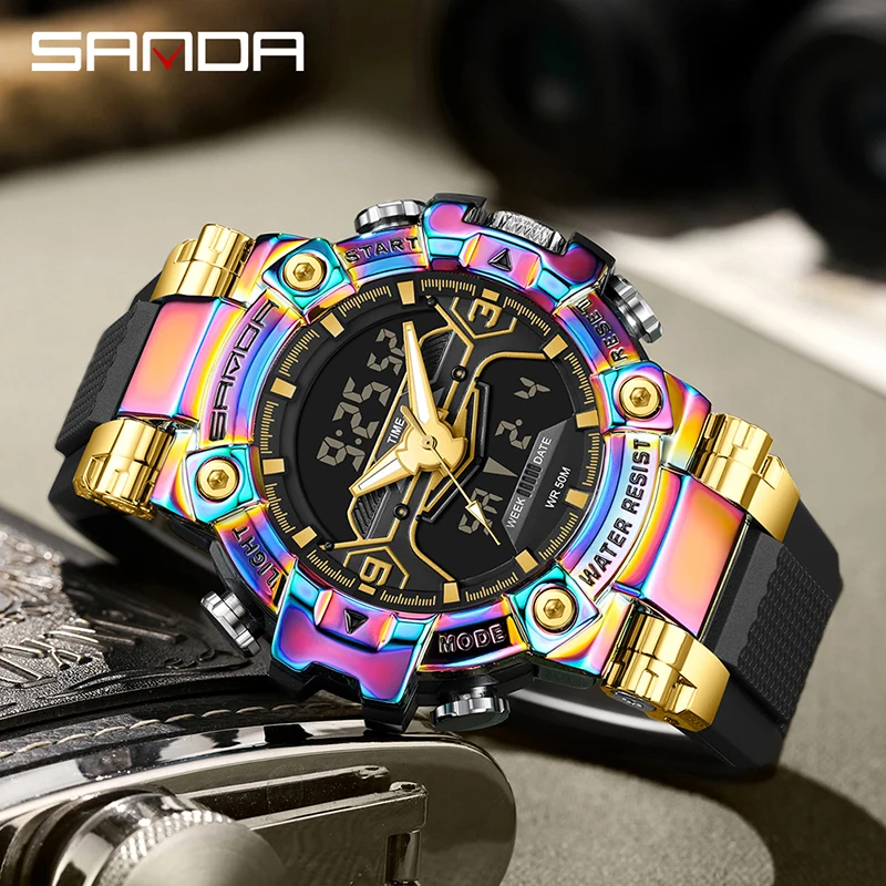 SANDA New Top Luxury Sports Watch Men High Quality Waterproof LED Digital Watch Dual Display  Electronics Quartz Men\'s Clock Hot