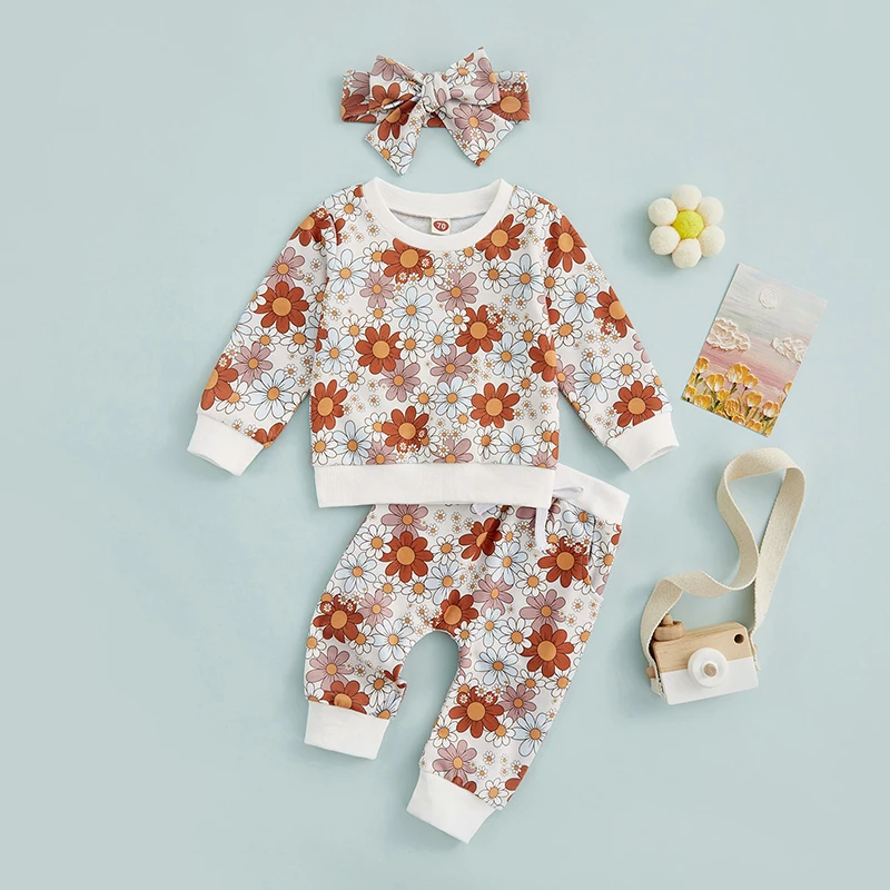 3Pcs Baby Girl Outfits Floral Sweatshirt + Pants + Headband Infant Fall Winter Clothes 0-24 Months