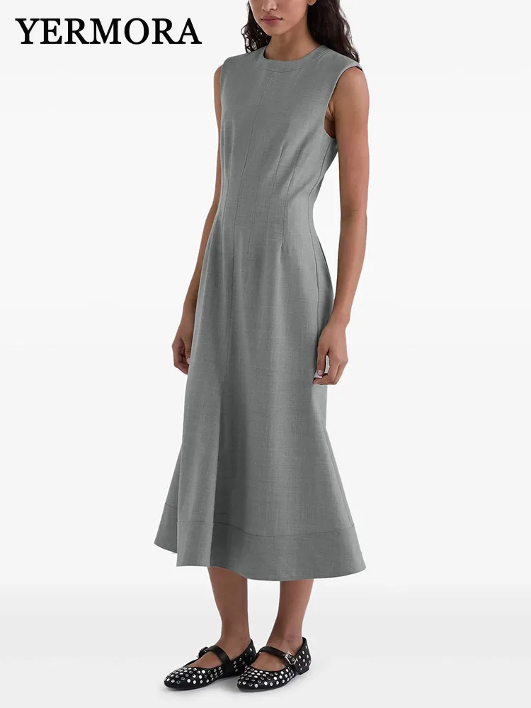 

YERMORA Women Gray Back Zipper Pleated Casual Dress O-neck Sleeveless Loose New Sundress Fashion Tide Spring Summer 2025