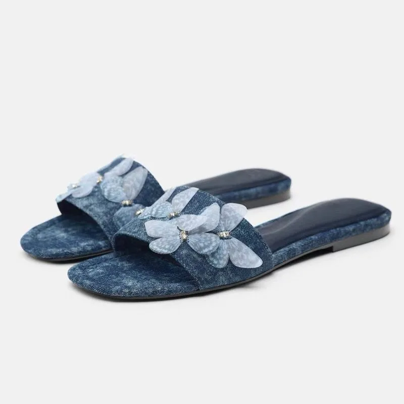 2024 Summer Flat Butterfly Decoration Slippers for Women's Fashion Denim Retro Flip Flops Casual Beach Shoes Outdoor Slides