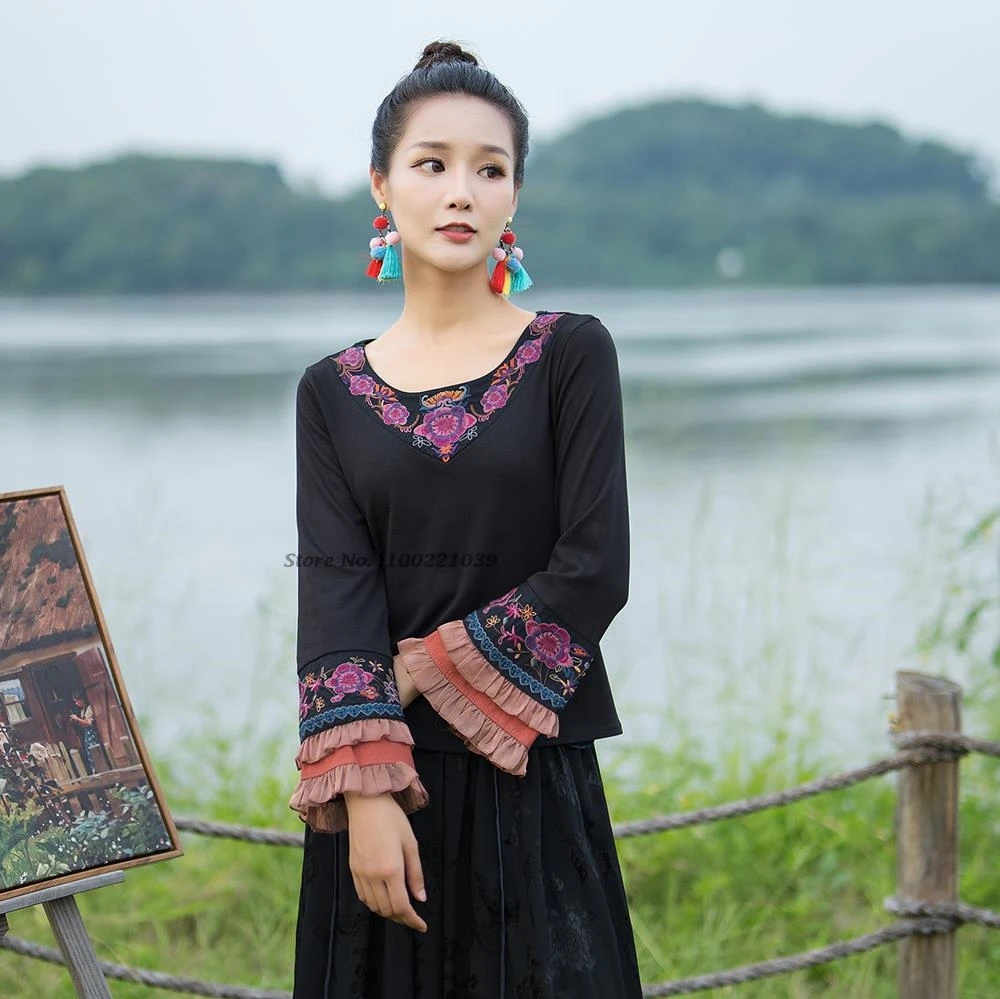 2025 национальная цветочная вышивка с круглым вырезом, народная рубашка, ретро топы ханьфу, женская винтажная рубашка в этническом стиле, традиционная этническая футболка
