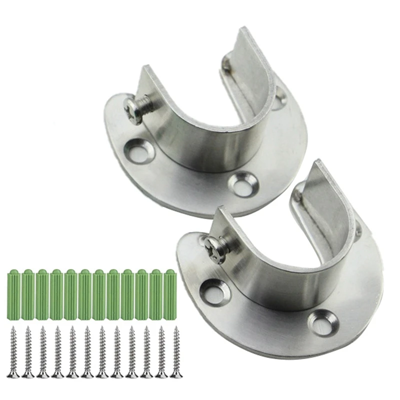 RISE-20 Pcs Stainless Steel Hanging Rod Bracket U Shaped Curtain Rod Bracket, Round Tube Sockets With Screws (25Mm)