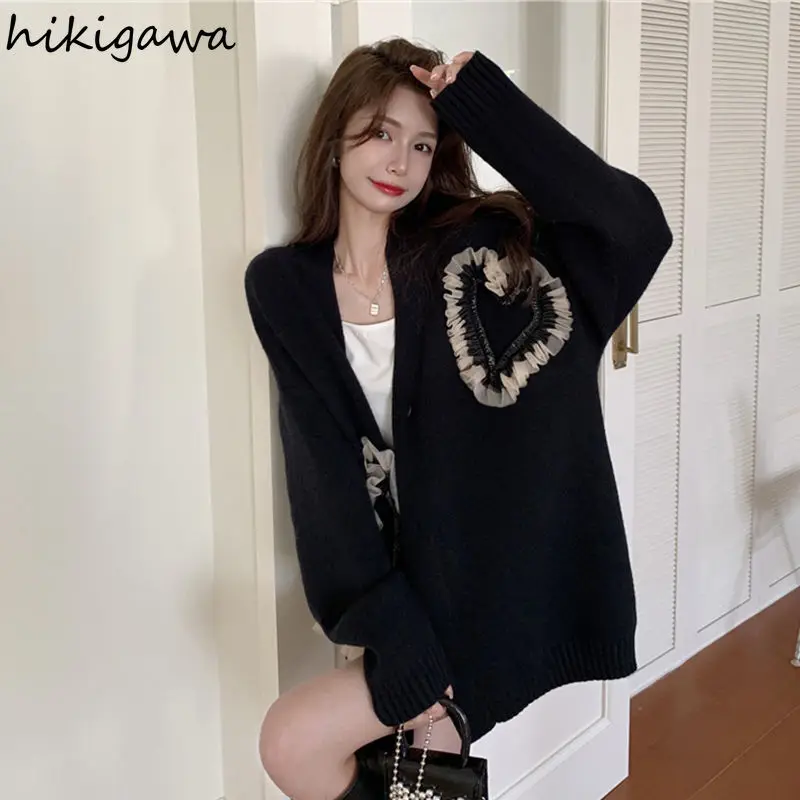 Cute Gauze Patchwork Cardigan Coat Women Sueter Mujer Casual Fashion Knit Oversized Sweater Pull Femme 2024 Fall Winter Clothing