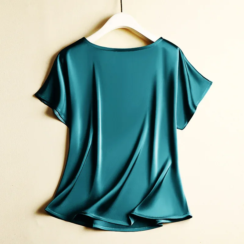 Big Size Summer New Silky Acetic Acid Satin T-shirt Round Neck Women Loose Top Lazy and Versatile Acetate Satin T-shirt