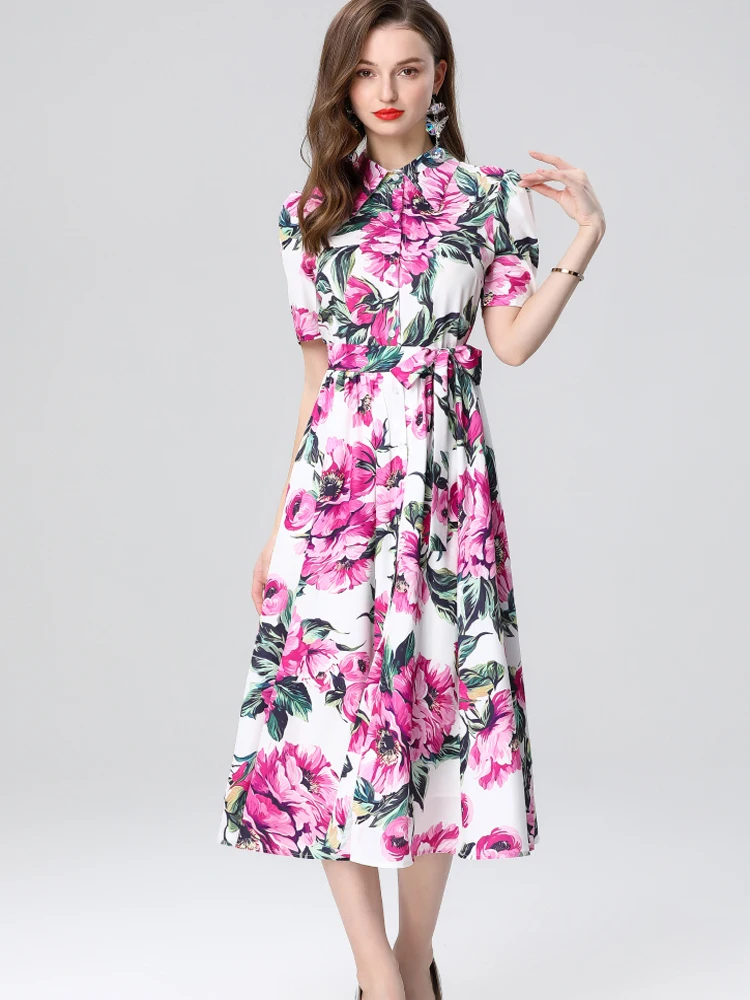 Abito camicia con stampa floreale moda temperamento per donna manica corta bavero femminile cintura petto abito da festa abito da festa