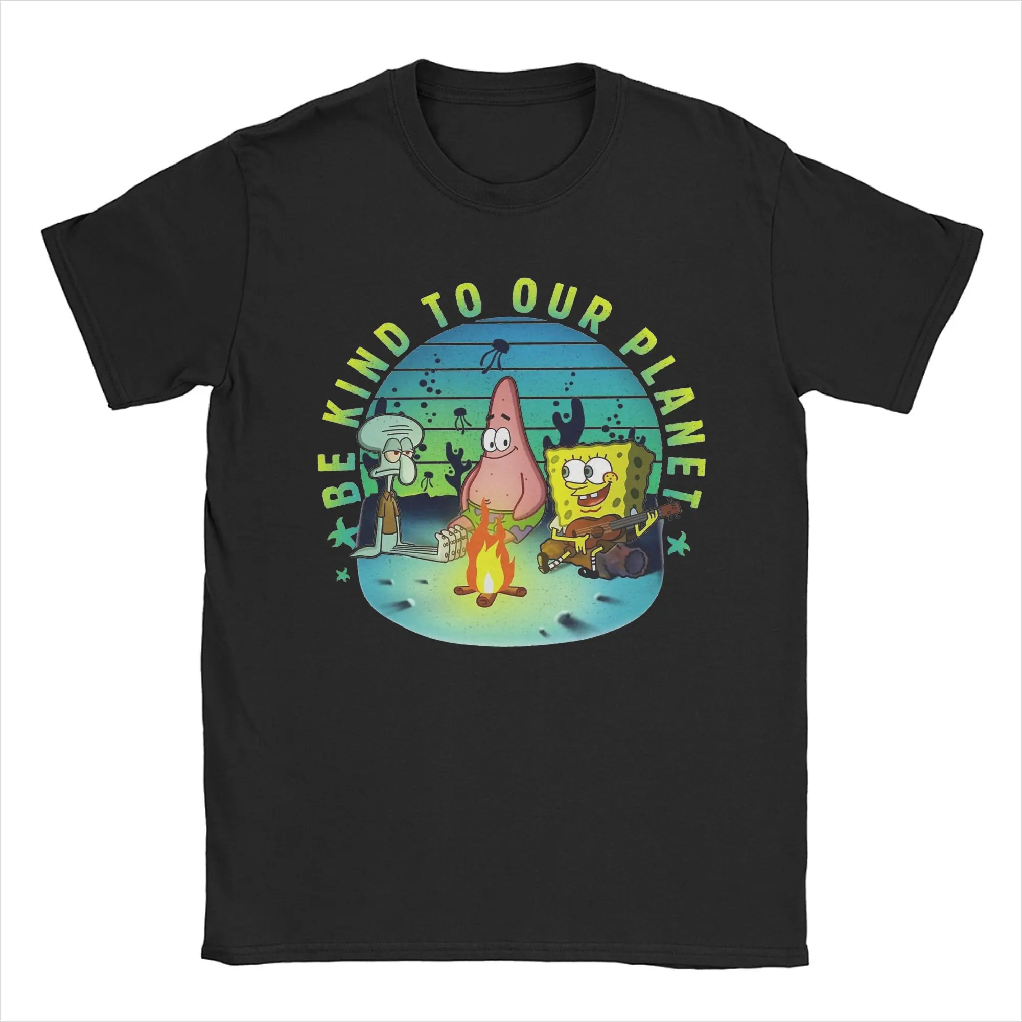 Casual Spongebobed  Be Kind Campfire Earth Day Group T-Shirt Men O-neck Short Sleeve Tops  100%Cotton Summer Tops