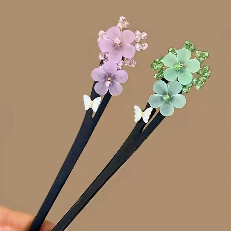 

Элегантная заколка для волос в китайском стиле – деревянная палочка с кристаллами, цветами и бабочками, милые украшения в стиле Ханьфу для женщин.