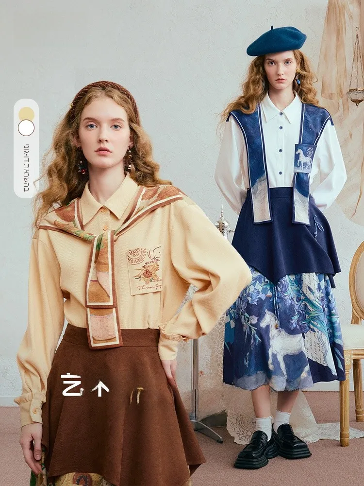 

Artistic Floral Print oulder Wrap irt for Women Vintage Sle Loose Fit Long Sve Polyester Fiber Winter New Arrival