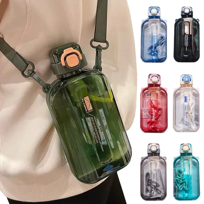 

Flat Square Transparent Water Bottle Portable Travel Canteen with Adjustable Strap Elegant Slim Bottle for Sport Camping