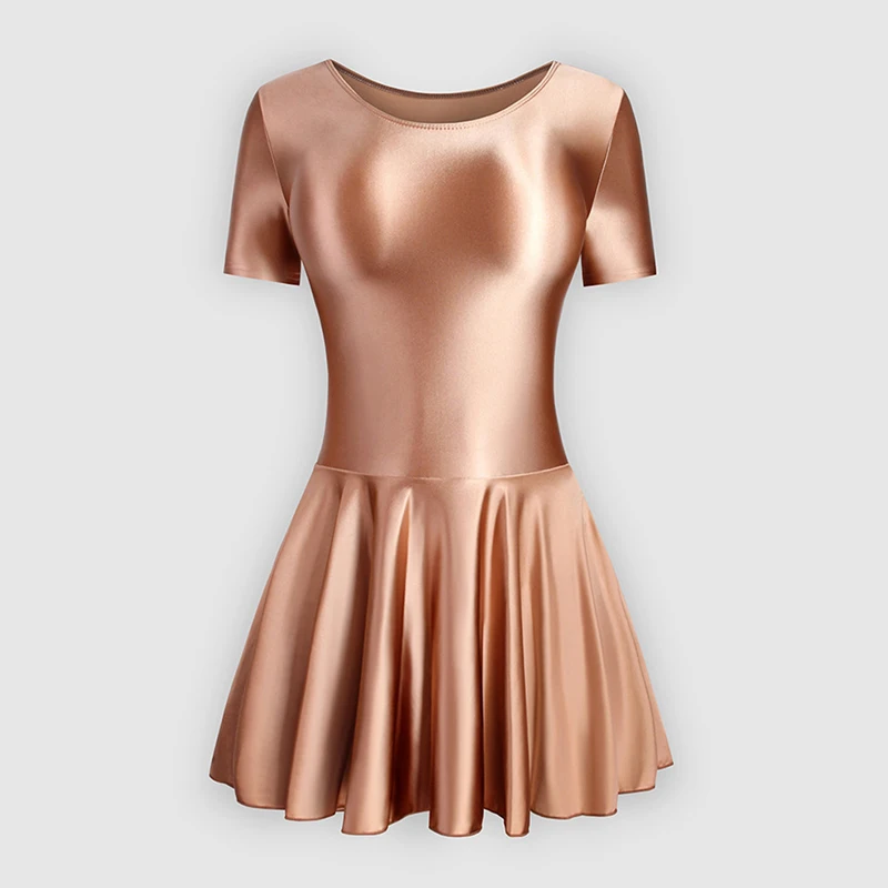 

Adult Women Tight Glossy Silk Dance Dress Yoga Solid Color Sherpin Shaped Practice Skirt Gymnastics Leotard Swimsuit Dancewear