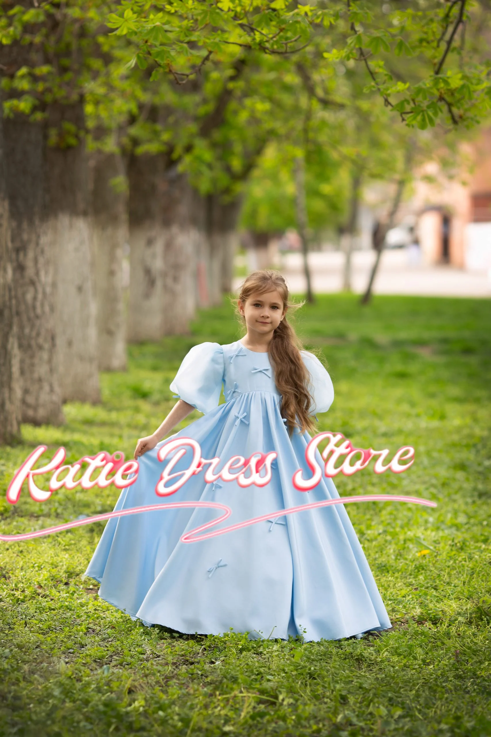 Céu azul cetim flor menina vestido para casamento inchado com arcos princesa crianças festa de aniversário primeira comunhão vestidos de baile personalizado