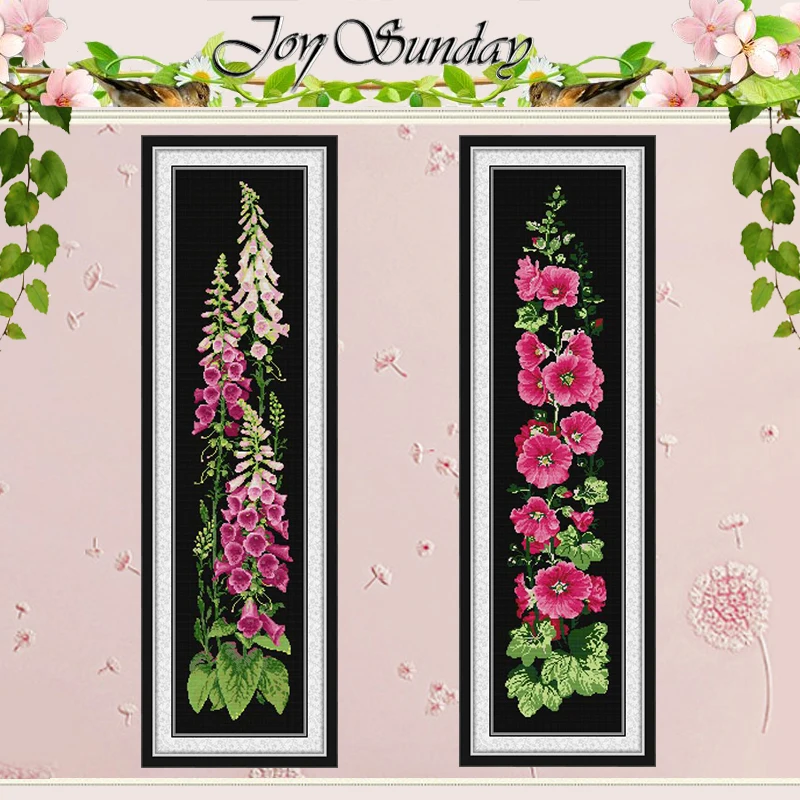 Pink Hollyhock Flower Patterns Counted Cross Stitch Set DIY 11CT 14CT 16CT HD Stamped DMC Cross-stitch Kit Embroidery Needlework