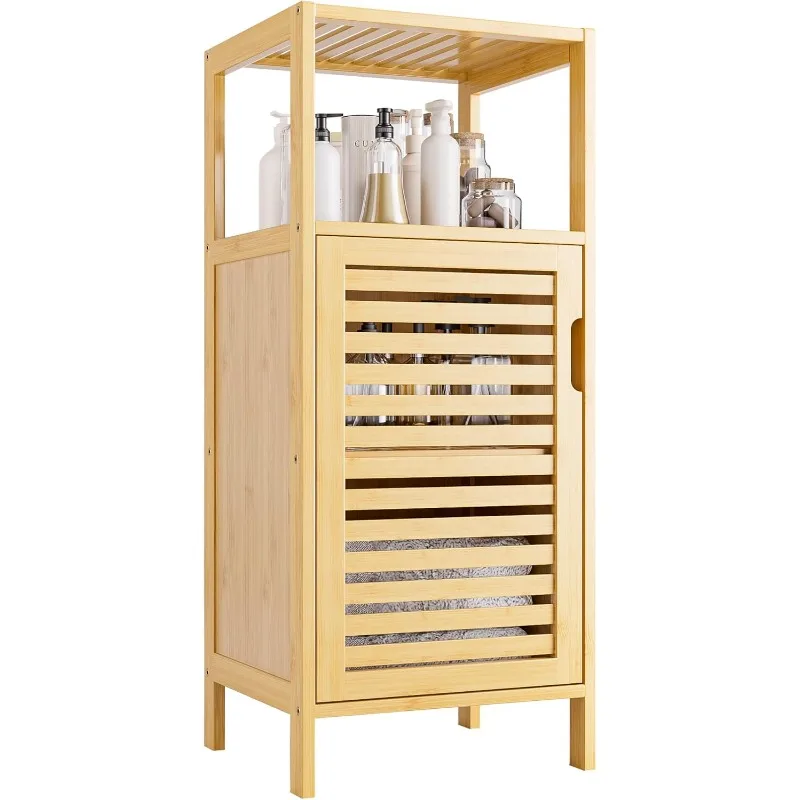 

Bathroom Cabinet Freestanding, Small Bamboo Floor Cabinet, 4 Tier Single Door Sofa Side Table Storage Organizer,