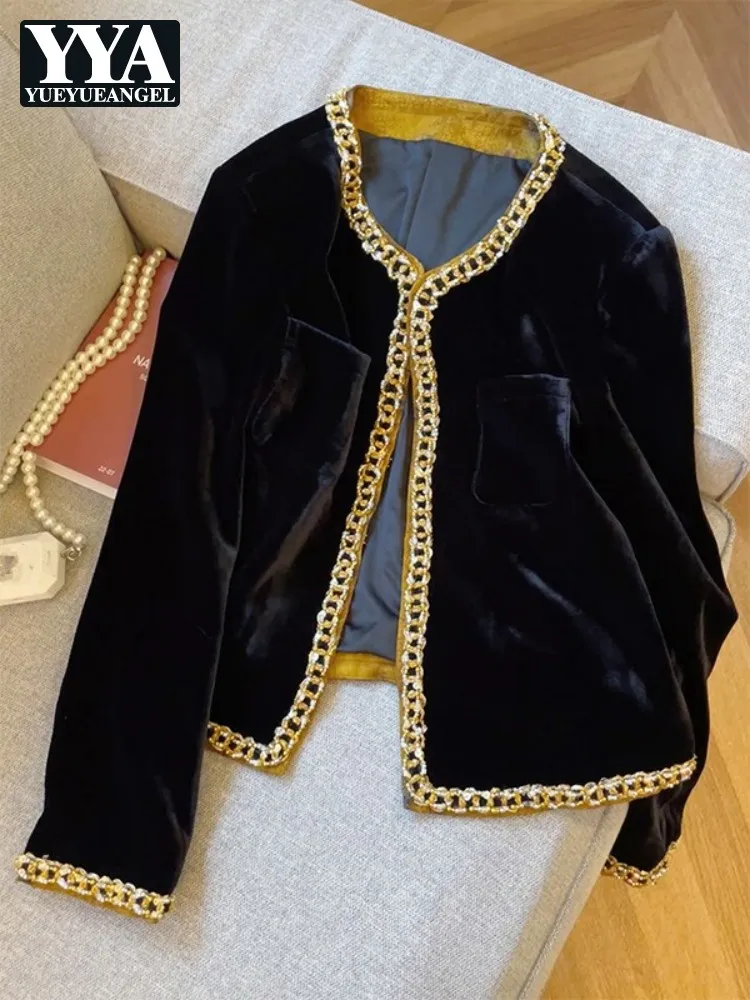 

Retro Black Velvet O-Neck Women Jacket Winter New Long Sleeve Loose Fit Top Jackets Outerwear French Style Work Ladies Coat