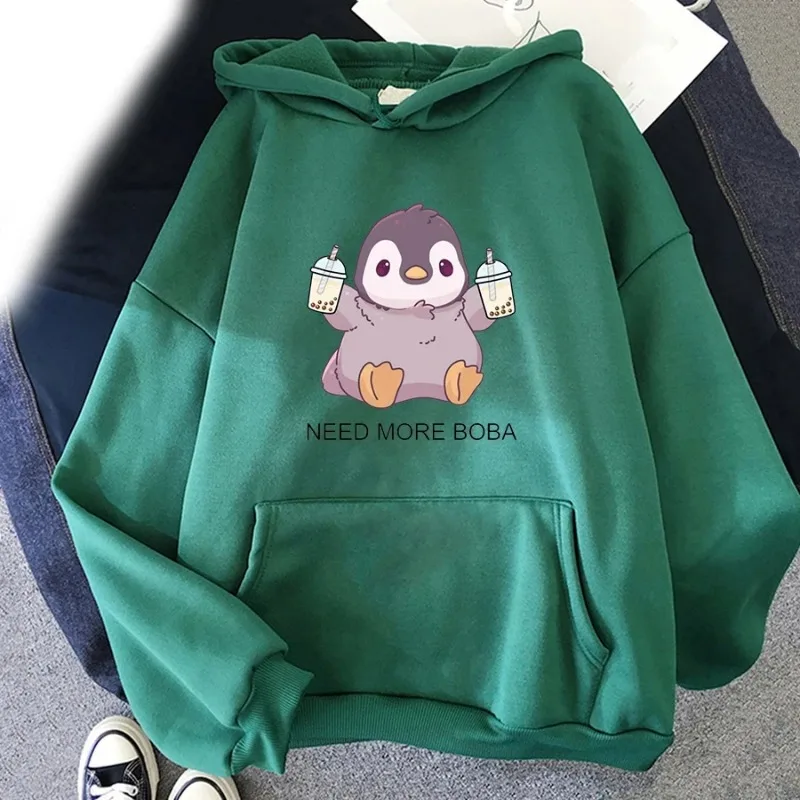 Cute Penguin Boba Tea Print Hoodie Hoodie Oversized Hooded Sweatshirt Pullover Boys and Girls Universal Sportswear Clothing