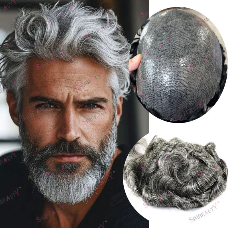 شعر مستعار بشري رمادي غير قابل للاكتشاف 1B80 1B50 للرجال فائق التحمل مصنوع من السيليكون بالكامل PU قاعدة شعر مستعار للرجال شعر مستعار طبيعي