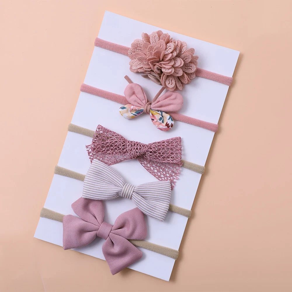 5Pcs/Set Pink Baby Girl Headband Nylon Bow Flower Princess Hair Bands for Newborn Girls Elastic Kids Headwear Hair Accessories