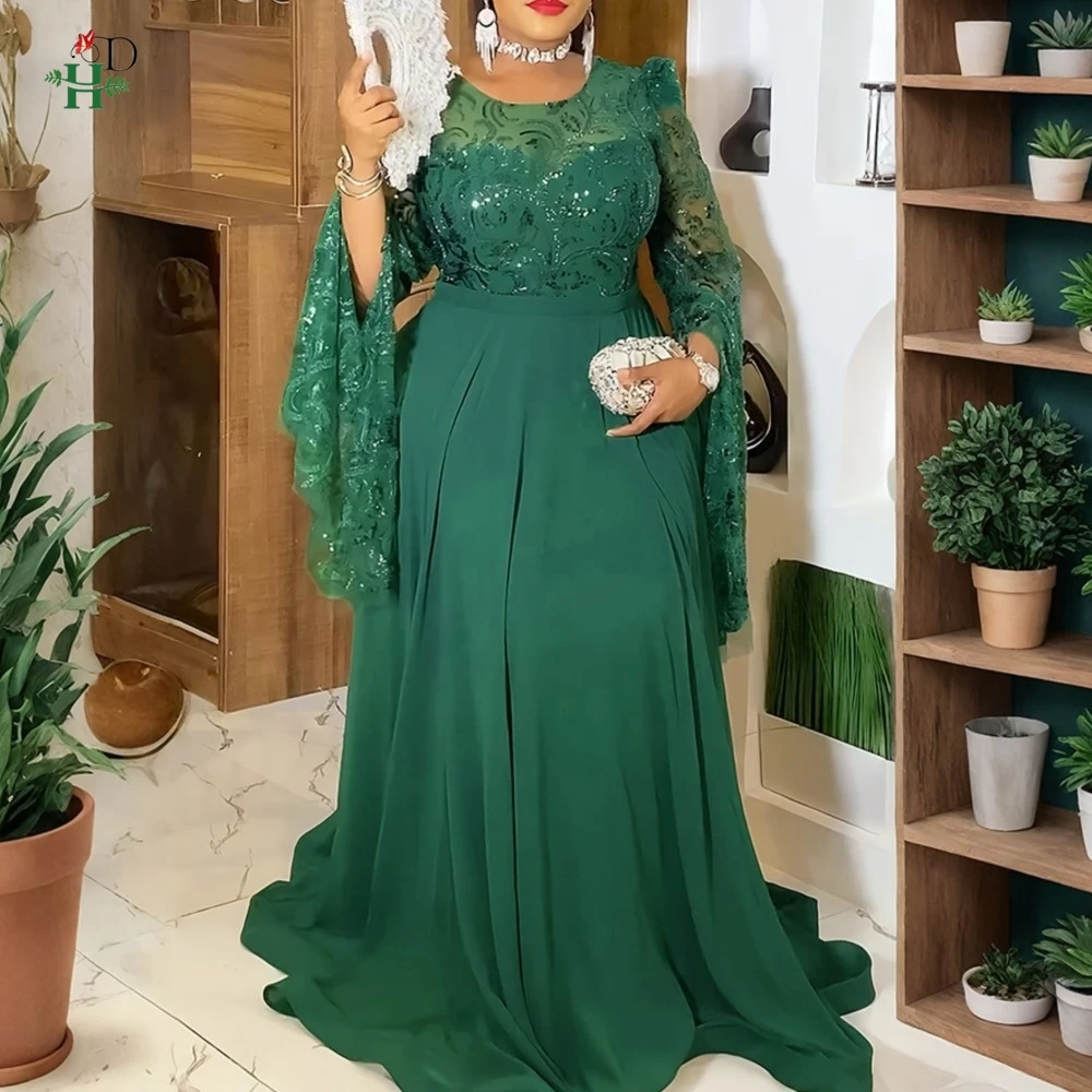 

African Women's Plus Size Maxi Dress Lace Long Bell Sleeves Embroidered Sequin Gown For Weddings Galas and Grand Celebrations