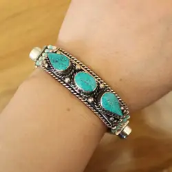 BR492 Nepal Jewelry Copper Inlaid Coral Turquoises Stone 15mm Width Clasp Bracelet Cuff For Women