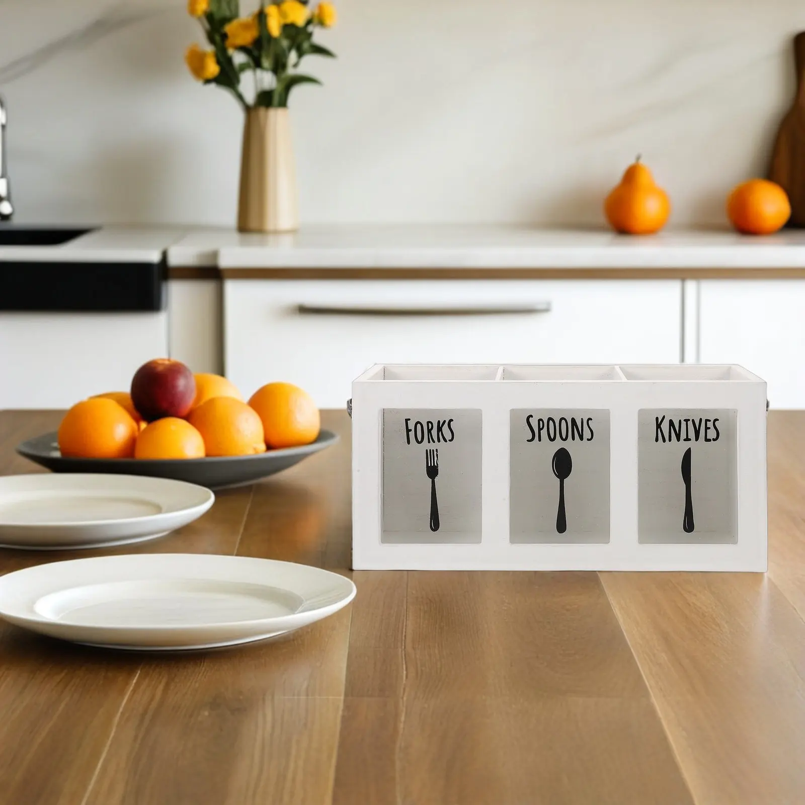 American Style Fork Knife Spoon Organizer Wooden Cutlery Storage Box 3 Compartments Countertop Silverware Holder view 5