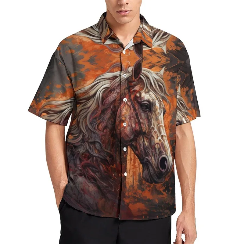 Diggital Print Animal Horse Graphic Shirts For Men Short Sleeves Casual Loose Beach Hawaiian Shirt Blouses Mens Oversized Tops