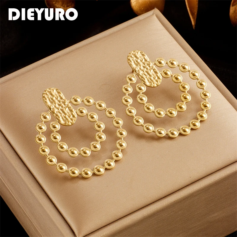 DIEYURO 316L 스테인레스 스틸 과장된 골드 컬러 비드 서클 스터드 귀걸이 여성을위한 새로운 디자인 여자 귀 바늘 쥬얼리 선물
