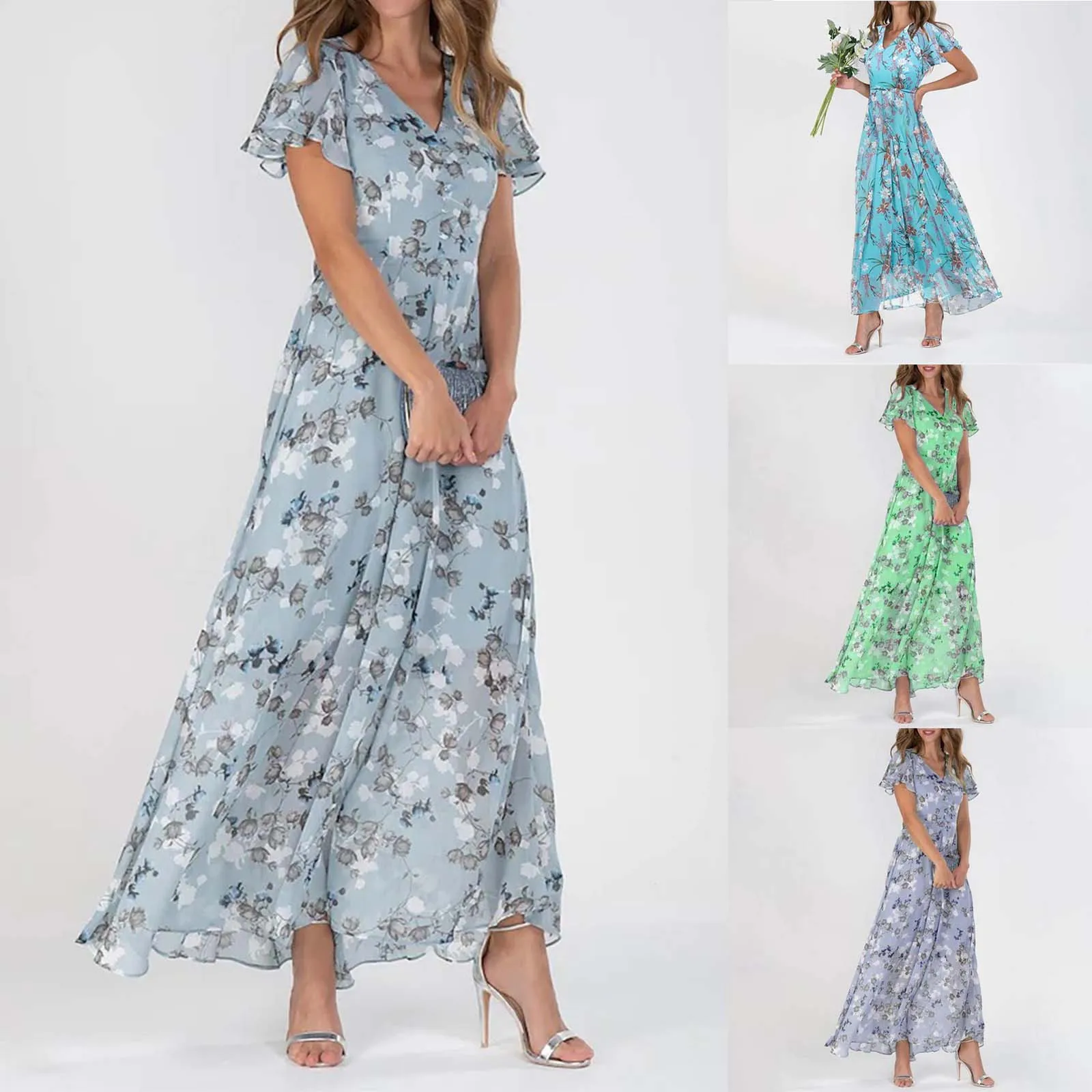 

V-neck Ruffle Short Sleeve Maxi Dress Waist Tight High-waist Flowy Hem Sweet Floral Print Chiffon Dress Female Clothing 2024