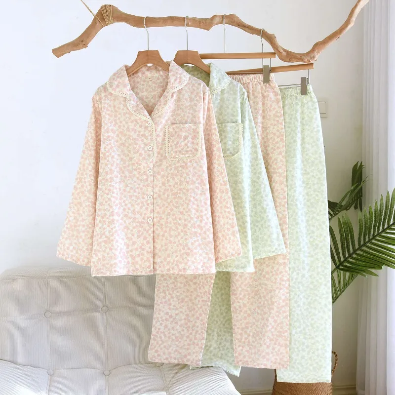 

Women Pure Cotton Gauze Pajama Set Soft Breathable Long Sleeve Small Floral Print Lace Trim Lapel Loungewear Sleepwear