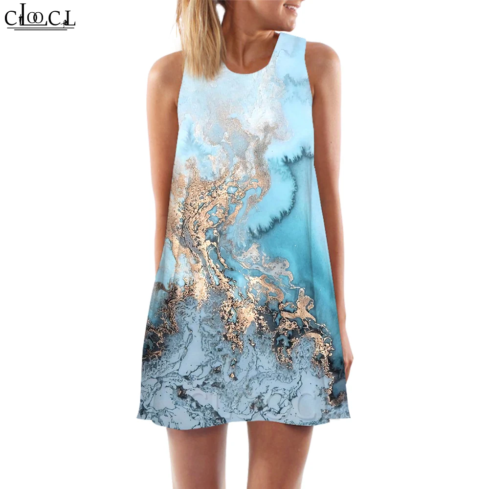 

CLOOCL New Fashion Women Tank Dress Retro Sea Waves Pattern 3D Printed Loose Waist Sleeveless Dress Summer Beach Style