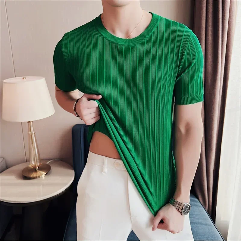 

2024 Men's Crew Neck Short Sleeve Sweater Slim Tide Brand Half Sleeve Striped Sweater Elastic T-shirt