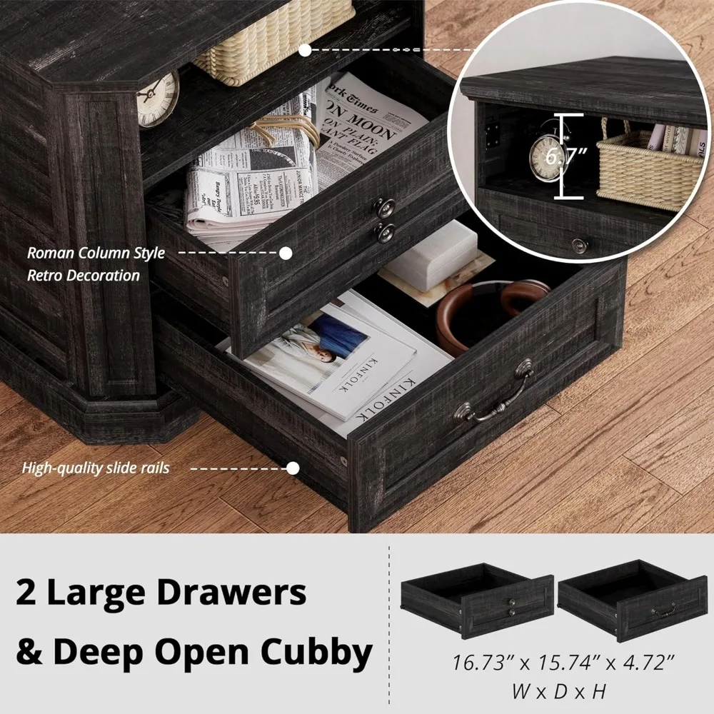 Farmhouse Style 23.4 Inch End Table with Charging Port, Large Drawers, Ideal for Bedroom, Charcoal