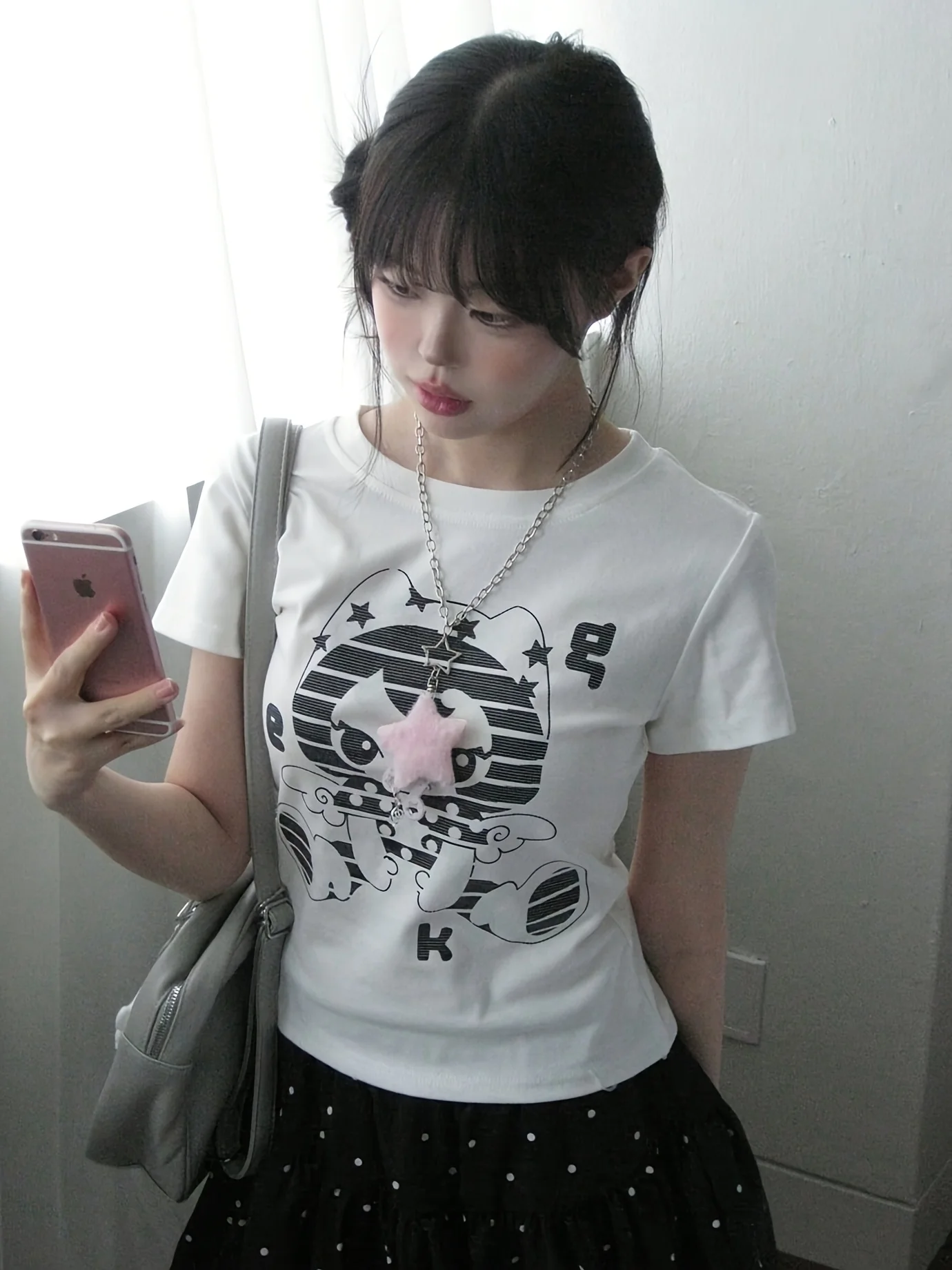Walk in a Certain Direction Cartoon Star Wings Pattern Print Japanese Style Women's T-Shirt Summer Slim Short-Sleeved Top