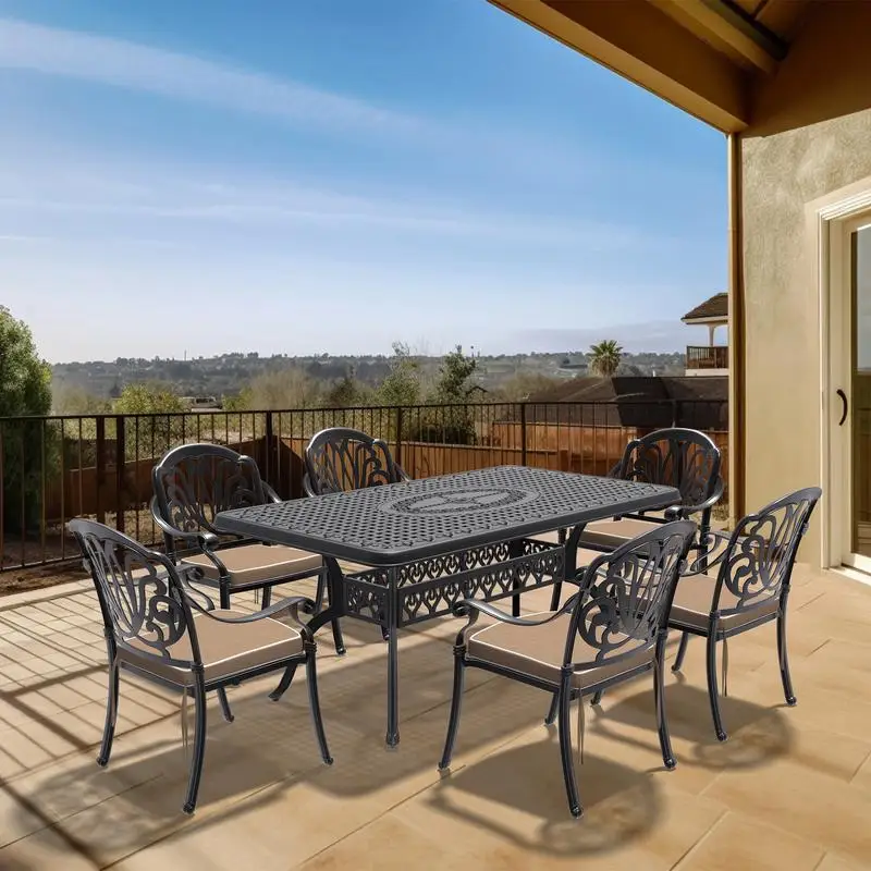 

7-Piece Cast Aluminum Patio Furniture Set, Black Frame with Brown Cushions for Outdoor Seating