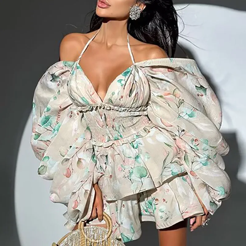 프렌치 스타일 홀터넥 미니 드레스, 패션 프린트 랜턴 소매 여름 백리스 섹시 비치 휴가 드레스