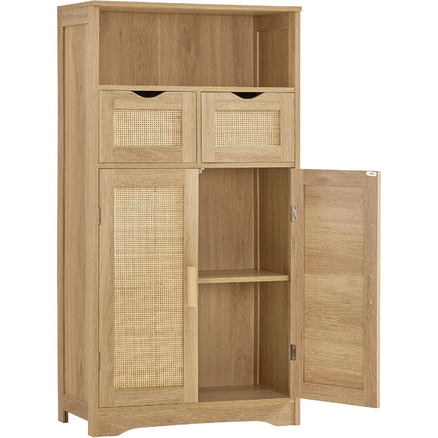 

Storage Cabinet with 2 Drawers Adjustable Shelves Rattan Cabinet Kitchen Pantry Cabinets Cupboard for Living Room Kitchen Home