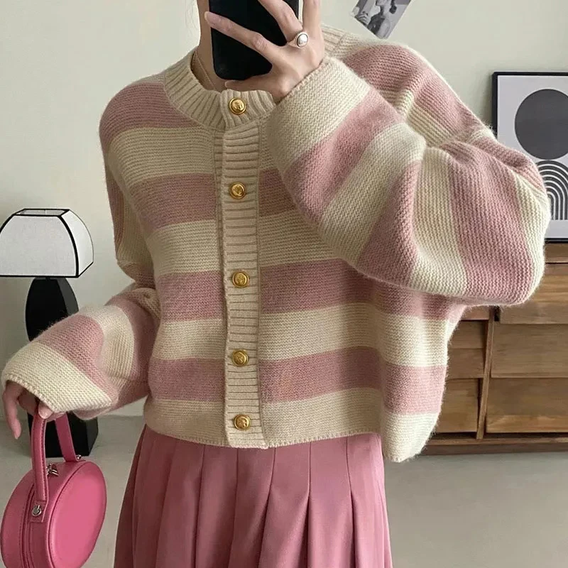 Striped Knitted Cardigans Women 2024 Autumn Winter Button Up Loose Cardigan Sweaters Woman Korean Style Long Sleeve Knitwear New