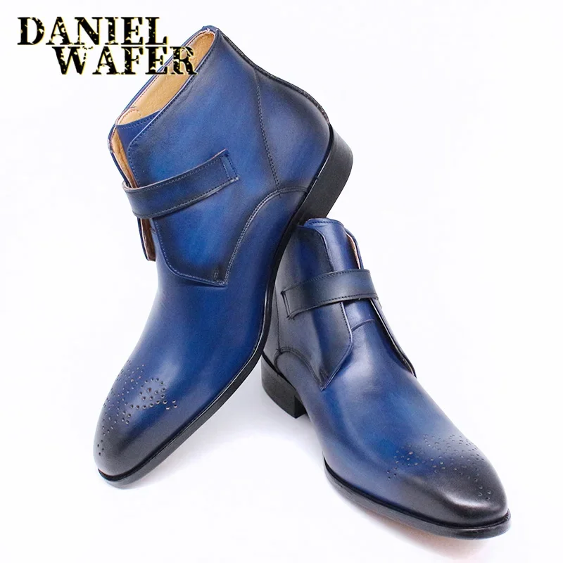 Luxury Men's Genuine Leather Ankle Boots Black/Blue Pointed Toe Slip-On Dress Shoes with Buckle Strap Casual Basic Style