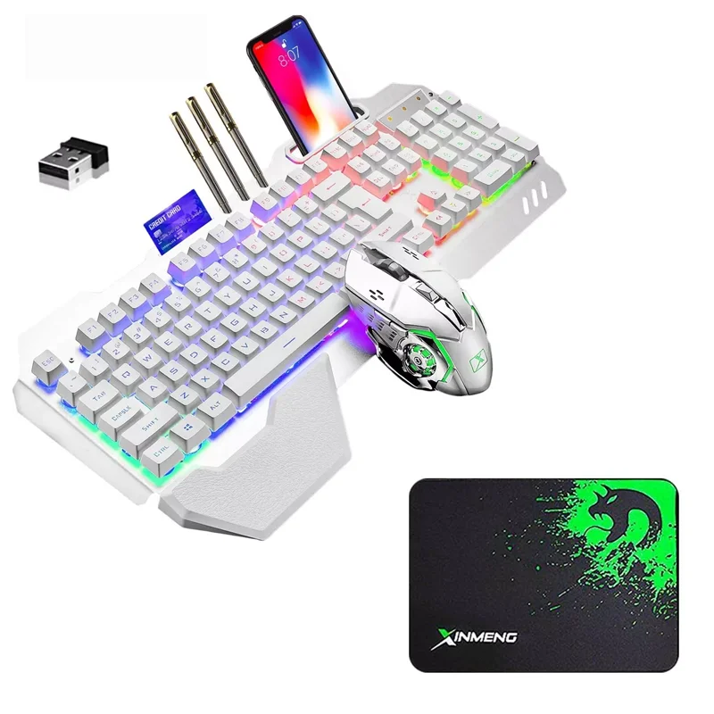 Draadloos gamingtoetsenbord en -muisset Oplaadbaar toetsenbord met regenboog-/RGB-achtergrondverlichting en 7-kleuren gamingmuis met pad