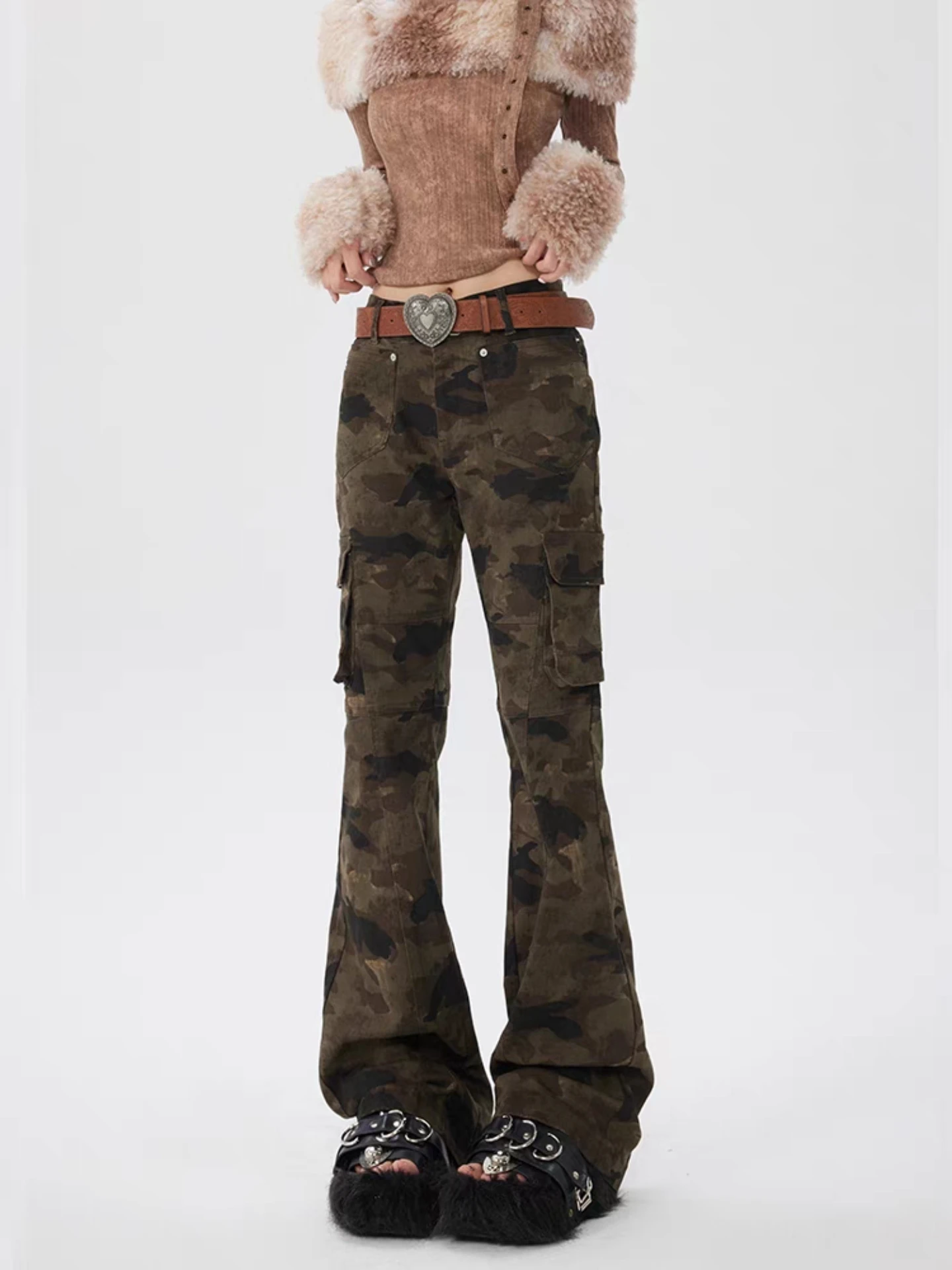 

American Style Camouflage Flared Workwear Pants Women's New Low Waist Multi Pocket Street Style Slimming Casual Straight Jeans