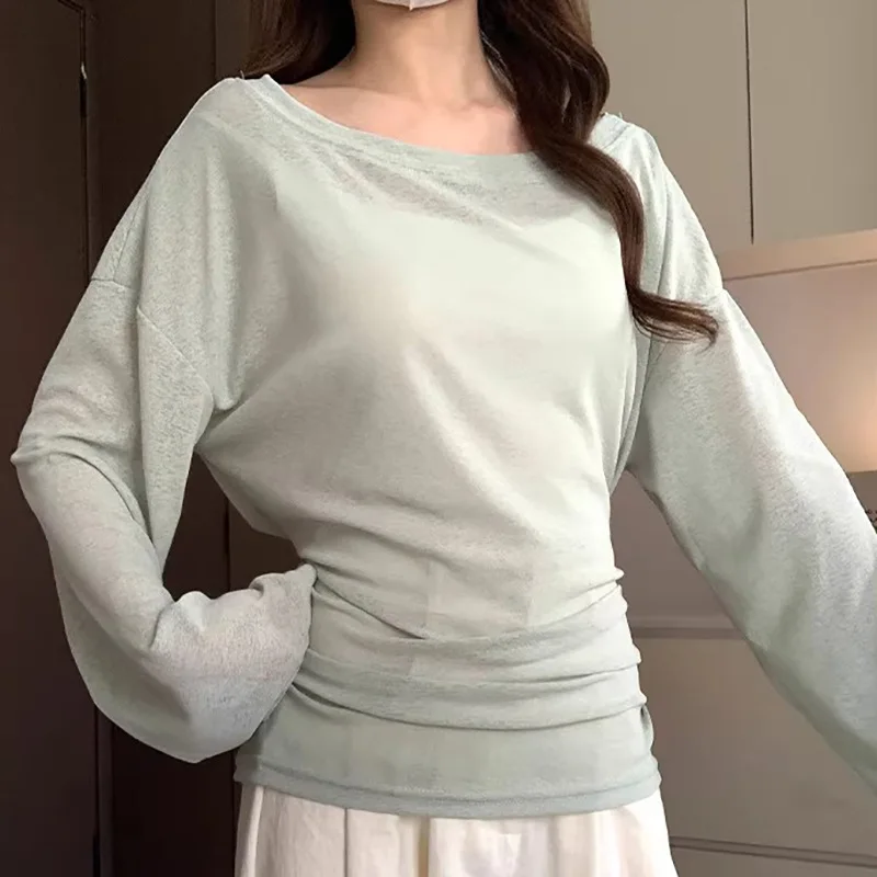 2026 Autumn/winter New Skew Collar Off Shoulder Long Sleeve Pullover Women Lace Up Cinching Waist Casual Versatile Top