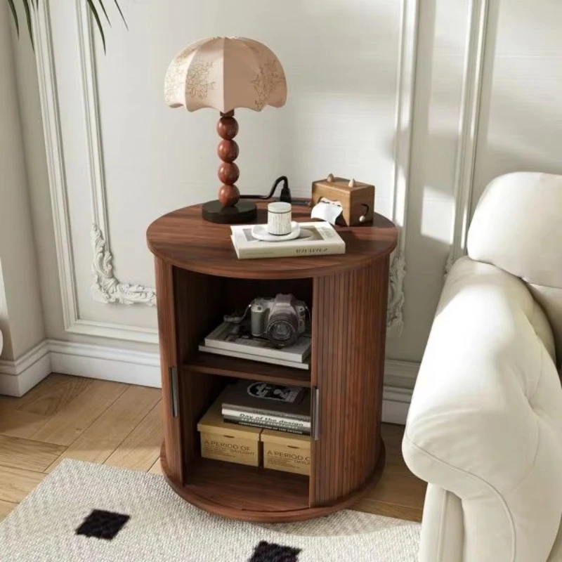 Mid-century modern style two-story round bedside table with built-in charging station, sliding door and USB storage
